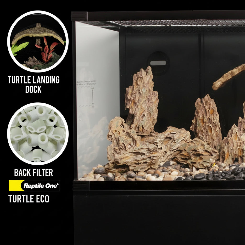 Reptile habitat with turtle landing dock and back filter system, featuring Reptile One branding.